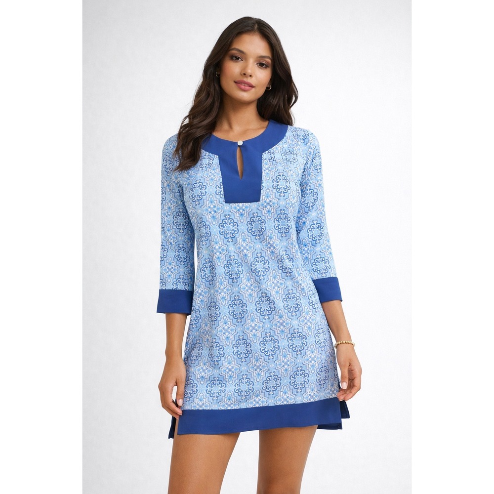 Cabana Life Blue Tile Print Tunic Dress Cover Up Button Neck 3/4 Sleeve L